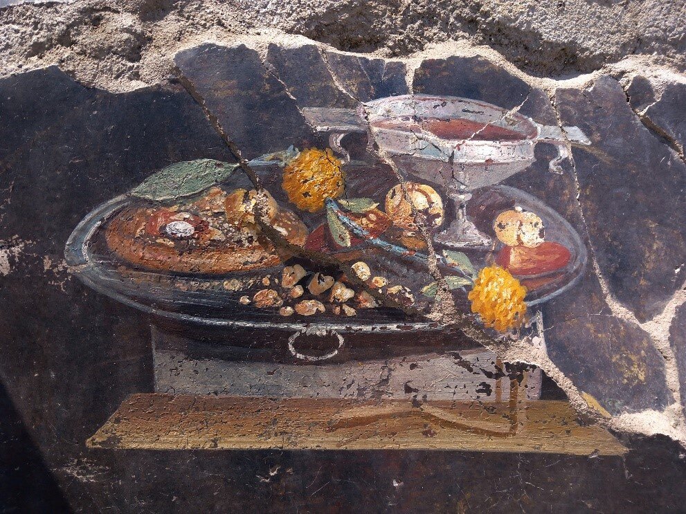 Foto de fresco encontrado en las nuevas excavaciones de Pompei conocida como "la pizza"